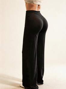 Solid Color High Waist Casual Straight Leg Stretch Pants Black - Black - View 1