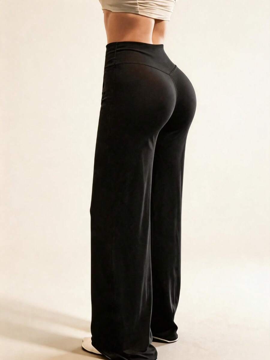 Solid Color High Waist Casual Straight Leg Stretch Pants Black - Black - View 1
