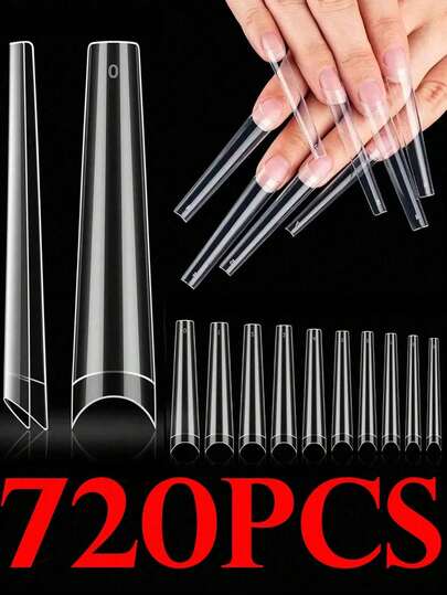 720/240 Pcs Long Clear Coffin Nail Tips, Extra Long No C-Curve Half Cover Coffin False Nails For Professional Acrylic Nails, Acrylic Nail Tips, Fake Nails, For Nail Salons And DIY Nail Art, Semi-Finished Gel Press-On Nail Tips,Approximately 220 Items