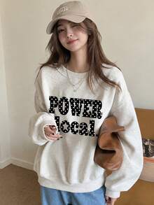 Women's Fashion Autumn/Winter Loose Casual Versatile Letter Print Pattern Crew Neck Sweatshirt - Light Gray - View 5
