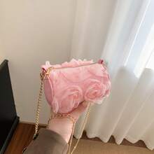 Girls' 3D Mesh Rose Cylinder Small Bag, Sweet Floral Chain Crossbody Purse, Decorative Coin Purse For Little Girls - A - View 8