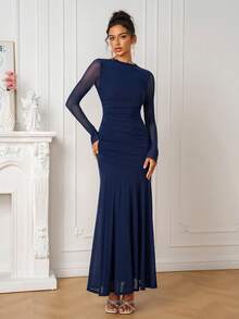 PARTHEA Women's Elegant Deep Blue Mesh Stand Collar Long Sleeve Mermaid Evening Gown, Suitable For Wedding Guests - Navy Blue - View 4