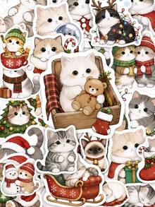50Pcs Christmas Cat Aesthetic Stickers, Cute Xmas Kitten Character Stickers, PVC Waterproof Self-Adhesive Decals For Journals, Laptops, Water Bottles - Multicolor - View 4