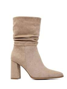 Mid-Calf Pleated Suede Ankle Boots With High Heels – - Khaki - View 2