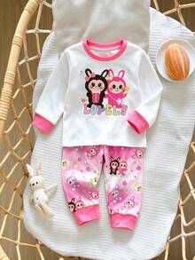 2 Pieces Autumn And Winter Baby Girls Round Neck Long Sleeved Home Suit Set, Cute Cartoon Flower Pattern White Top, Comfortable Pink Pants, Daily Casual Wear - White - View 4