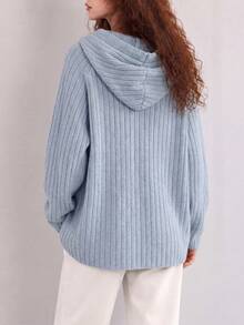 Women's Light Blue Knitted Hooded Pullover Sweater With Drawstring And Button Details, Long Sleeve Casual Winter Knitwear - Baby Blue - View 2