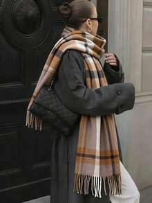 1pc Vintage British Check Fringe Scarf, Classic Check Pattern Warm Shawl Suitable For Both Men And Women, Ideal For Daily Wear And Accessories. - Camel - View 1