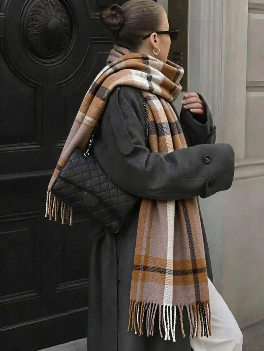 1pc Vintage British Check Fringe Scarf, Classic Check Pattern Warm Shawl Suitable For Both Men And Women, Ideal For Daily Wear And Accessories. - Camel - View 1