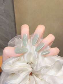 10片手工貓眼壓紋美甲貼片，中號杏仁形亮面假指甲，可重複使用全套假指甲，適合日常配戴 - 綠色 - 查看 4