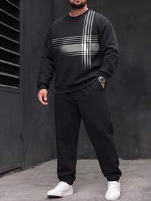 Men's Plus Size Sweatshirt Set, Autumn Pullover Long Sleeve Plus Size Sweatshirt Set, Casual 3D Print Plus Size 2-Piece Set - Black - View 5