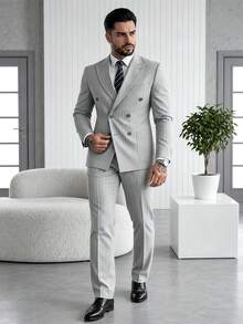 Setelan Jas Pria Formal Bergaris, Jaket dan Celana, 2 Potong, Desain Kasual dan Modis, Cocok untuk Musim Semi dan Gugur, Pakaian Sehari-hari - Light Grey - View 3