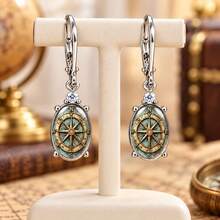 Vintage Style Nautical Compass Pattern Ear Clips Earrings, Domed Resin Design, Women's Travel Enthusiast Jewelry, Suitable For Daily Wear And Commuting - Silver - View 5