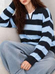 Women's New Autumn/Winter Minimalist Striped Collared Pullover Sweater - Blue - View 3