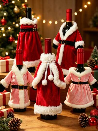 1pc Christmas Wine Bottle Cover, Cute Santa Claus Set Red & Pink Plush Bottle Sleeve, Holiday Dinner Table Decor Ornament, Christmas Party Atmosphere Supplies, New Year Gift Home Kitchen Tableware Decoration