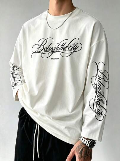 Men's Long Sleeve Printed Regular Fit Spring/Autumn Base Layer T-Shirt, Breathable Knit Fabric, Outdoor Sports Casual Top
