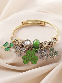 1pc Saudi Arabia 96th National Day Commemorative Green Palm Tree 96 Number Clover Pendant Beaded Bracelet Multi-Element DIY Bangle Suitable For Women Daily Holiday Celebration Party Wear - Green - View 6