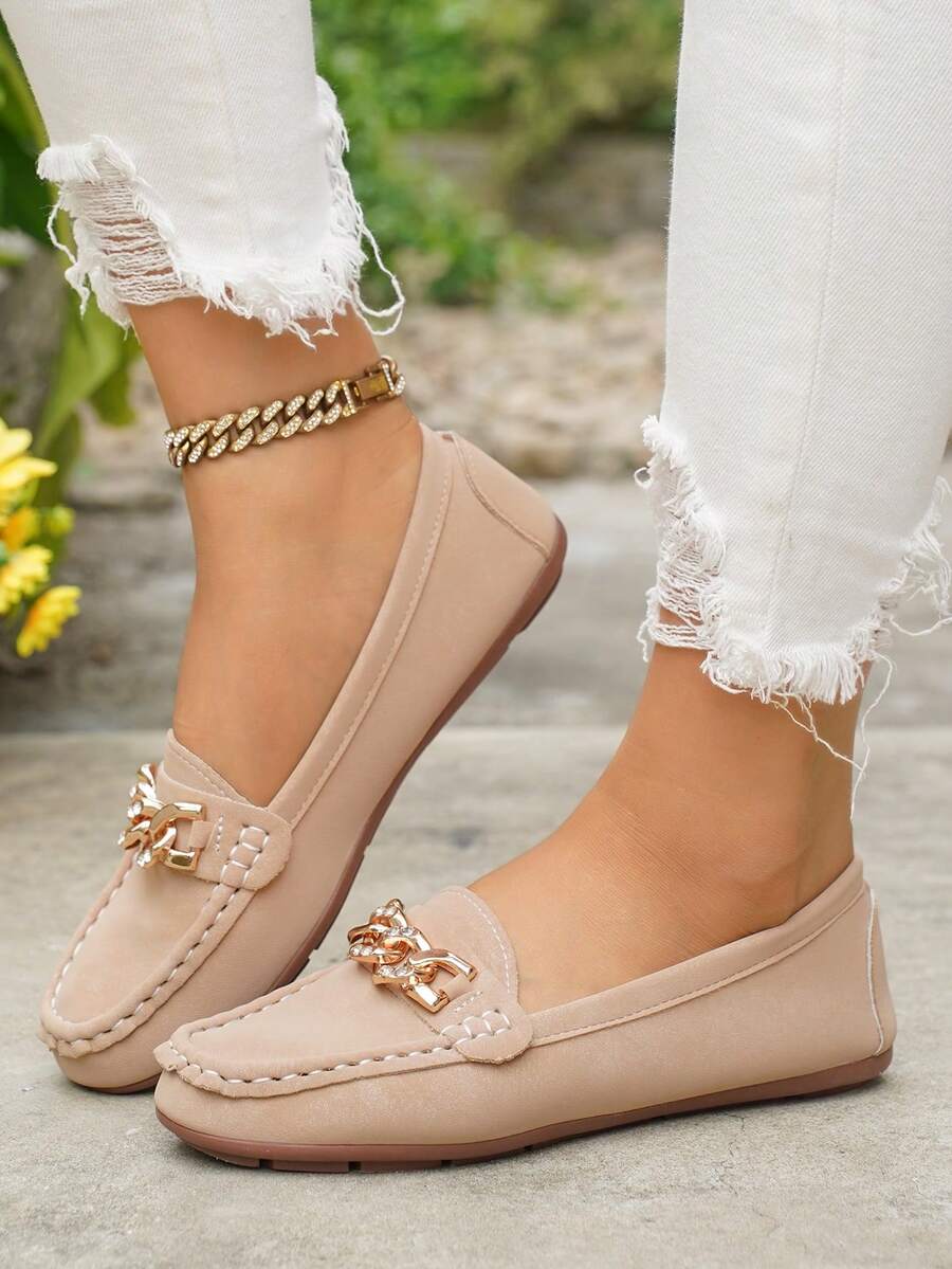 Women's Spring New Gold Chain Elegant Slip-On Loafers, Lightweight Comfortable Versatile Rubber Flat Shoes - Khaki-chain - View 1