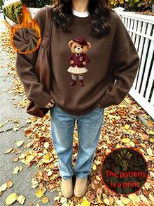 Women's Plus-Size Casual, Cute Faux-Knit Sweater Featuring A Preppy-Style Bear Graphic; Versatile And Perfect For Everyday Wear In Autumn And Winter. - Brown - View 4