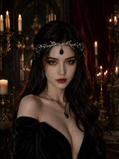 1pc Gunmetal Gray & Black Leaf Black Diamond Forehead Crown Headband With Water Drop Pendant, Gothic Style Wedding Bride Halloween Cosplay Party Hair Accessory