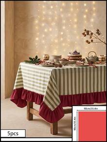 1pc Green & White Thin Striped With Burgundy Ruffle Edge Tablecloth, Christmas Holiday Style Fabric Material, Rectangular Burgundy Ruffle Edge Patchwork Detail, Stain-Resistant Protection, Tabletop Decoration And Beautification Function, Suitable For Christmas Dessert Table Arrangement And Holiday Party Scenes - Red - View 20
