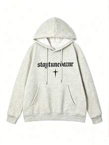 Women's Autumn/Winter Loose Casual Versatile Retro Letter & Cross Print Hooded Sweatshirt - Light Gray - View 5