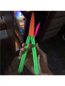 1pc Luminous Radish Toy, Fidget Balisong Trainer, Glow In The Dark Plastic Swing Knife, Stress Relief Novelty Hand Spinning Toy For Teens - Multicolor - View 2