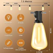 Cadena de luces para exteriores de 7.5M 25 pies, decoración de patio de jardín con blanco cálido de 2500 K, 25 bombillas LED Edison, temporizador de soporte regulable - Tipo de Enchufe A USA (110-127V) - Ver 4