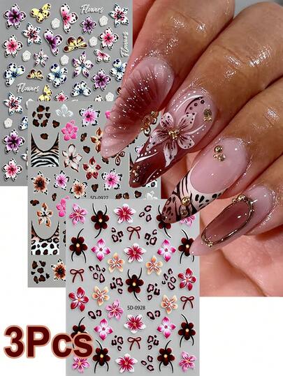 3Pcs 5D Embossed Leopard Print French Lily Floral Nail Stickers Kits,Vintage Autumn Winter Colorful Polka Dot Five-Petaled Flower Leopard Bow Self‑Adhesive Nail Decals,Holiday DIY Winter Manicure Decorations For Women Nail Design