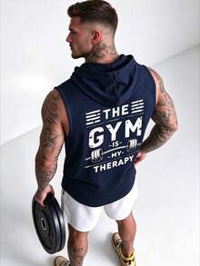 ZYNTH BALENO Men's Casual Dumbbell Print Hooded Tank Top, Suitable For Daily Wear And All-Season Sports, Black Summer Style - Navy Blue - View 3