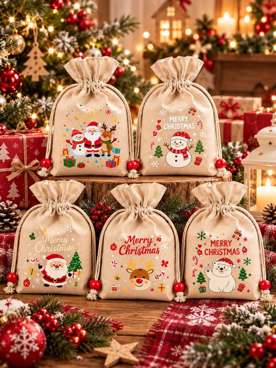 5PCS Christmas Gift Bags, Drawstring Holiday Treat Bags, Santa Snowman Reindeer Bear Print, Candy Gift Packaging, Christmas Party Favor Bags - View 1