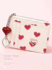 Women's Cute Y2K Red Heart Print PU Leather Card Holder, With Key Ring, Heart Charm And Metal Details, Zipper Mini Wallet - White - View 5