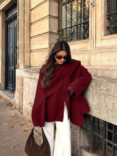Women's Casual Elegant Fashion Dark Brown Long Sleeve Open Front Wool Coat, Women's Winter Coat, Winter Clothes For Women
