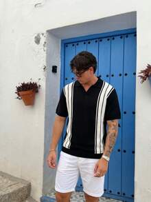 Spring/Summer New Unisex Men's Business Casual Colorblock Striped Minimalist V-Neck Pullover Knit Top Thin Short Sleeve T-Shirt - Black - View 2