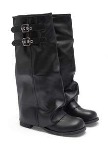 Okurime. Black Leather Buckle Boots, Vintage Pleated High-Top Boots, Flat Slimming Riding Boots - Black - View 2