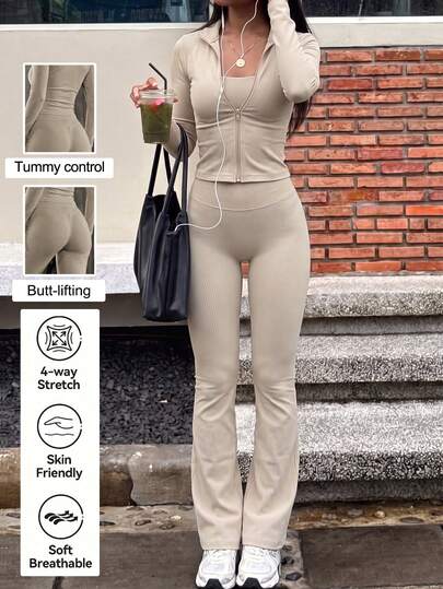 NOIRLYN Women's Autumn/Winter 2 Pieces Sports Yoga Fitness Set, Stand Collar Zipper Jacket & High Waist Flare Pants, Suitable For Gym Workout