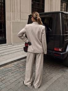 Women Fall Fashion Elegant Casual Beige Pin Stripe Long Sleeve Blazer & Wide Leg Pants 2 Pieces Set For Office Work Going Out - Beige - View 6