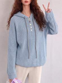 Women's Light Blue Knitted Hooded Pullover Sweater With Drawstring And Button Details, Long Sleeve Casual Winter Knitwear - Baby Blue - View 1