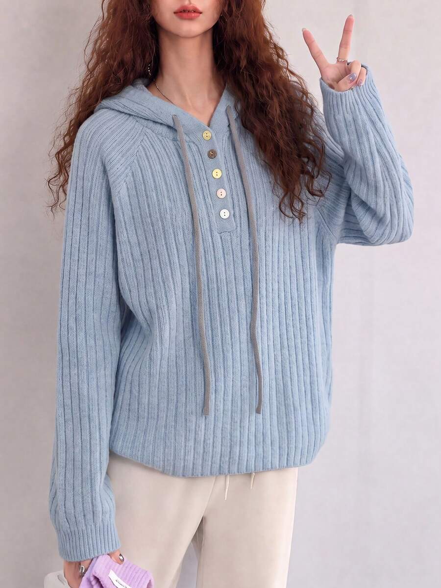 Women's Light Blue Knitted Hooded Pullover Sweater With Drawstring And Button Details, Long Sleeve Casual Winter Knitwear - Baby Blue - View 1