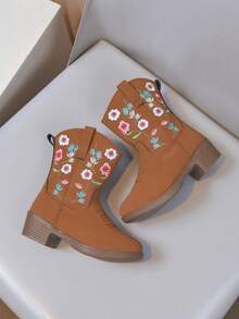 Baby Girls' High-Top Mid-Calf Boots, Embroidered High-Heel Western Cowboy Boots With Pointed Toe And Side Zipper, Casual Shoes - Brown - View 6