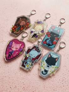 1/6pcs Gothic Coffin Sleeping Cat Acrylic Keychain, Dark Aesthetic Gothic Style, Floral Tombstone Frame & Anime Cat Girl Cat Design, Backpack & Shoulder Bag Charm, Car Key Ring Accessory, Ideal Gift For Cat Lovers & Anime Fans - Multicolor - View 3