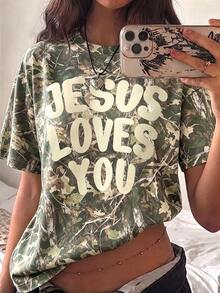 Jesus Camo T-Shirt Christian Faith Y2K Fashion Back To School Going Out Outfits Fall Clothes For Women, Women's Casual Round Neck Short Sleeve Minimalist T-Shirt - Multicolor - View 2