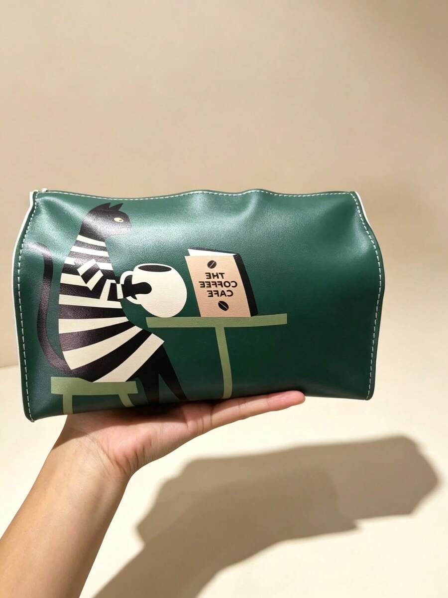 1PC Cartoon Cat 2D Printed Leather Tissue Box Cover, Large Capacity Luxury Tissue Box Holder Fabric Tissue Holder, Foldable Storage Design Suitable For Living Room, Dining Room, Bedroom, Car Interior, Creative Dining Scene, Multi-Scenario Applicable Cute Cat Leather Tissue Box Cover, Home Decor And Car Dual-Use Tissue Storage Box - View 1