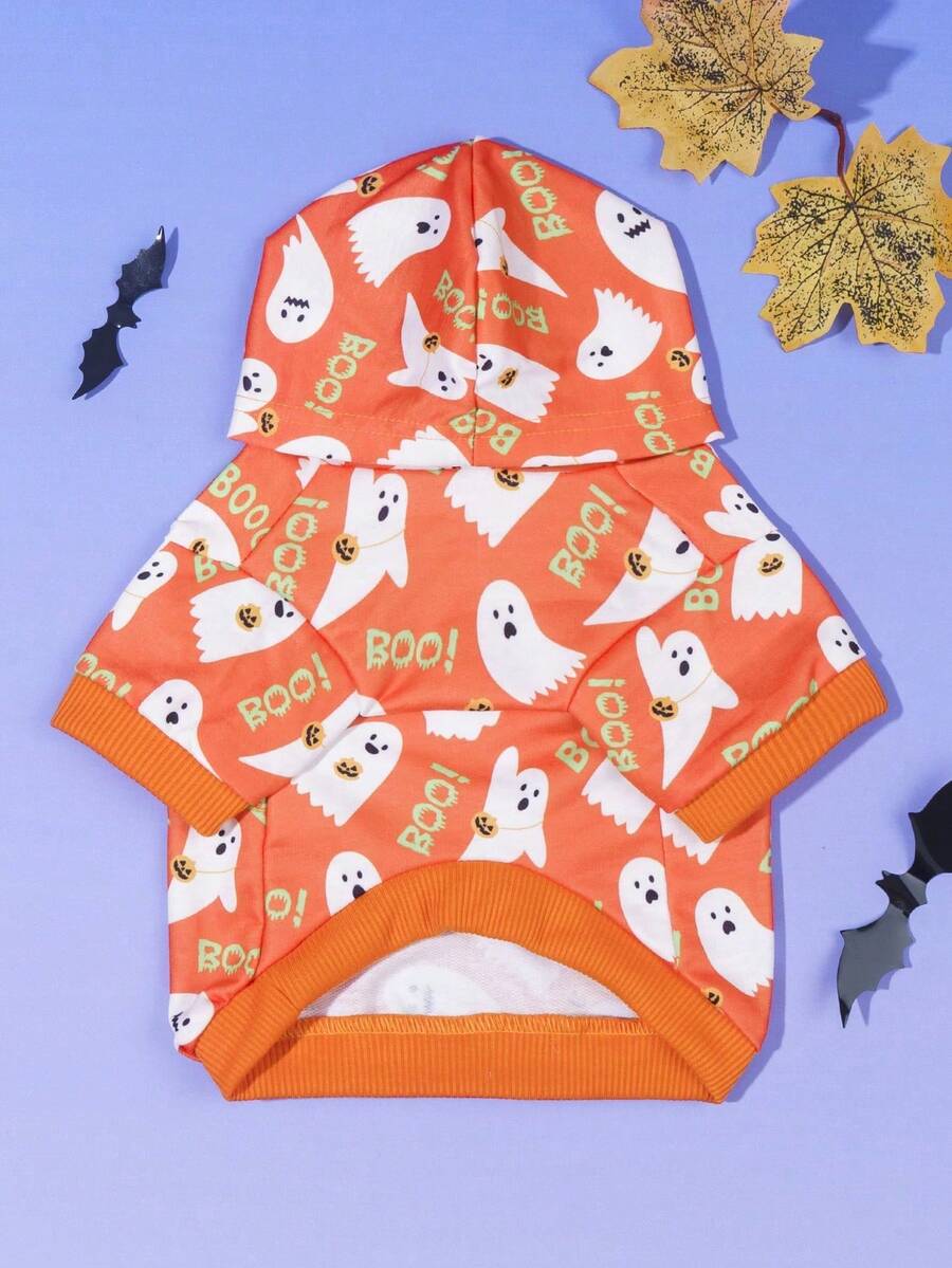 LUCKIE PAW 1pc Halloween Ghost Pattern Pet Sweatshirt, Anti-Flea, Reduces Shedding, Warm And Breathable Dog Vest, Suitable For Small And Large Dogs And Cats, Indoor And Outdoor - Orange - View 1
