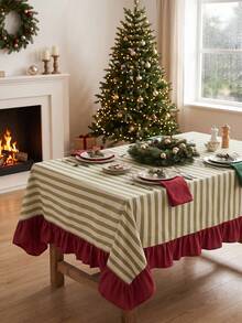 1pc Green & White Thin Striped With Burgundy Ruffle Edge Tablecloth, Christmas Holiday Style Fabric Material, Rectangular Burgundy Ruffle Edge Patchwork Detail, Stain-Resistant Protection, Tabletop Decoration And Beautification Function, Suitable For Christmas Dessert Table Arrangement And Holiday Party Scenes - Red - View 11