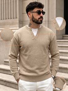 Lookun Men's Faux Two Pieces Half-Button Crew Neck Knit Sweater, Loose Fit Drop Shoulder Knit Top, Autumn/Winter - Apricot - View 2