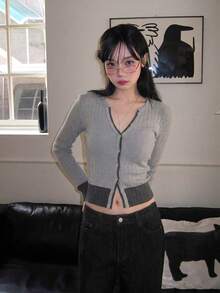 Autumn/Winter Korean Vintage Gray Colorblock Single-Breasted Long Sleeve Knit Cardigan, Casual Versatile For Daily Wear - Grey - View 4
