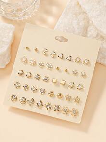 20 Pairs Minimalist Stud Earrings Set, Bow, Flower, Moon, Heart And Geometric Pattern Combination Earrings, Suitable For Women's Daily, Casual, Outing, Vacation Wear, Perfect Gift For Friends - Yellow Gold - View 1