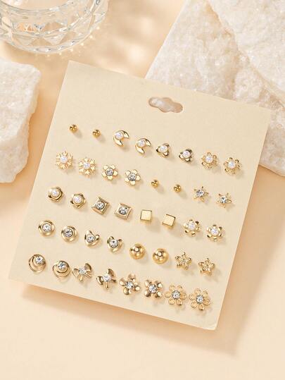 20 Pairs Minimalist Stud Earrings Set, Bow, Flower, Moon, Heart And Geometric Pattern Combination Earrings, Suitable For Women's Daily, Casual, Outing, Vacation Wear, Perfect Gift For Friends