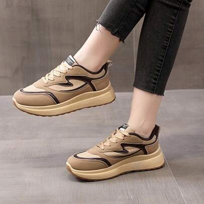 Women's Casual Sports Shoes, Versatile Fashion Breathable Casual Sneakers, Non-Slip Wear-Resistant Odor-Resistant Leather Patchwork Running Shoes, Women's Chunky Sneakers, Lightweight Fashion Personalized Shoes, Women's Student Outdoor Gathering Party Shoes, PU Leather