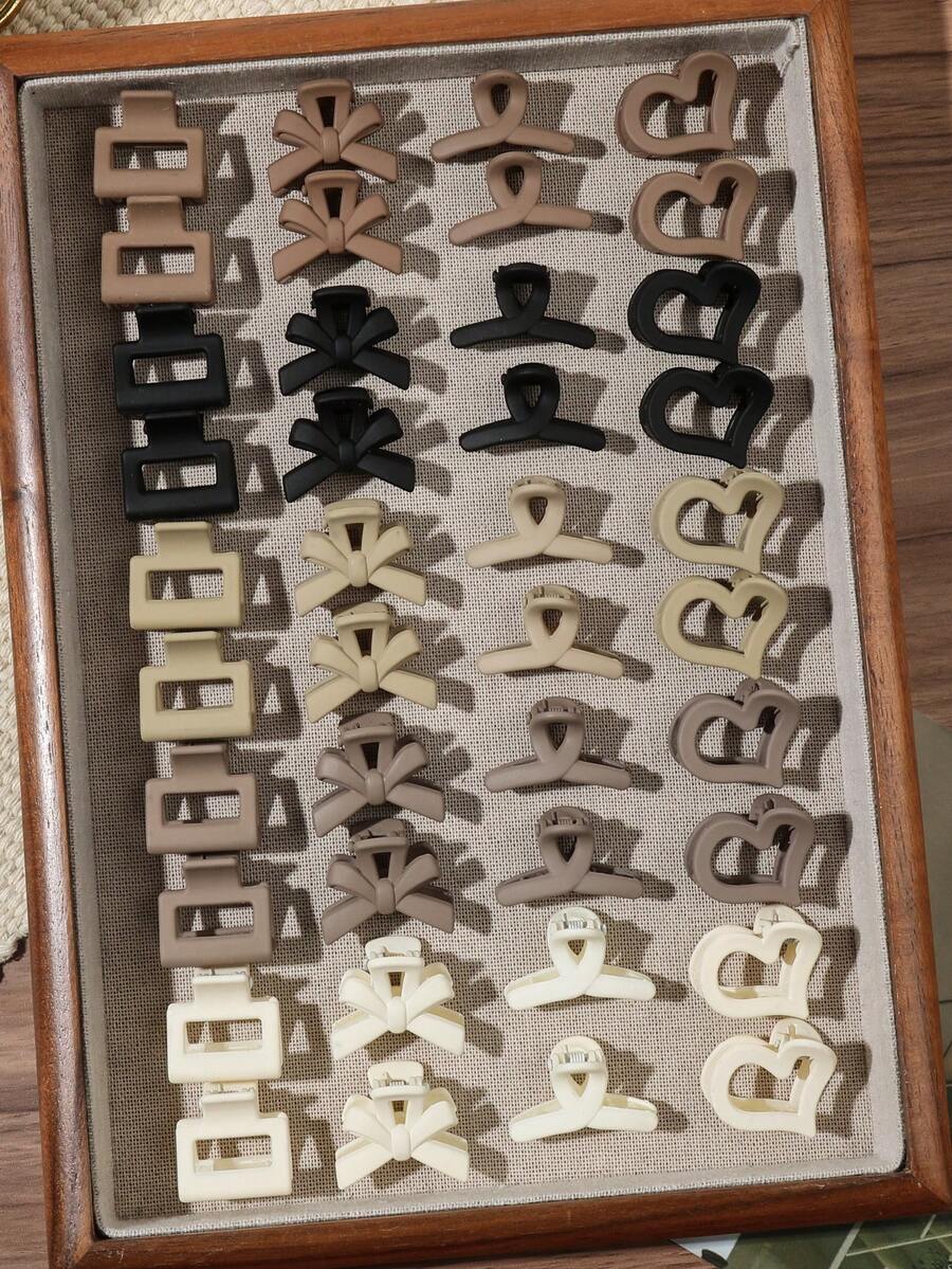 40入 Ins風極簡奶咖色迷你髮夾,愛心蝴蝶結正方形小髮夾,梅納德風側瀏海與鬆散髮型夾 - 彩色 - 查看 1